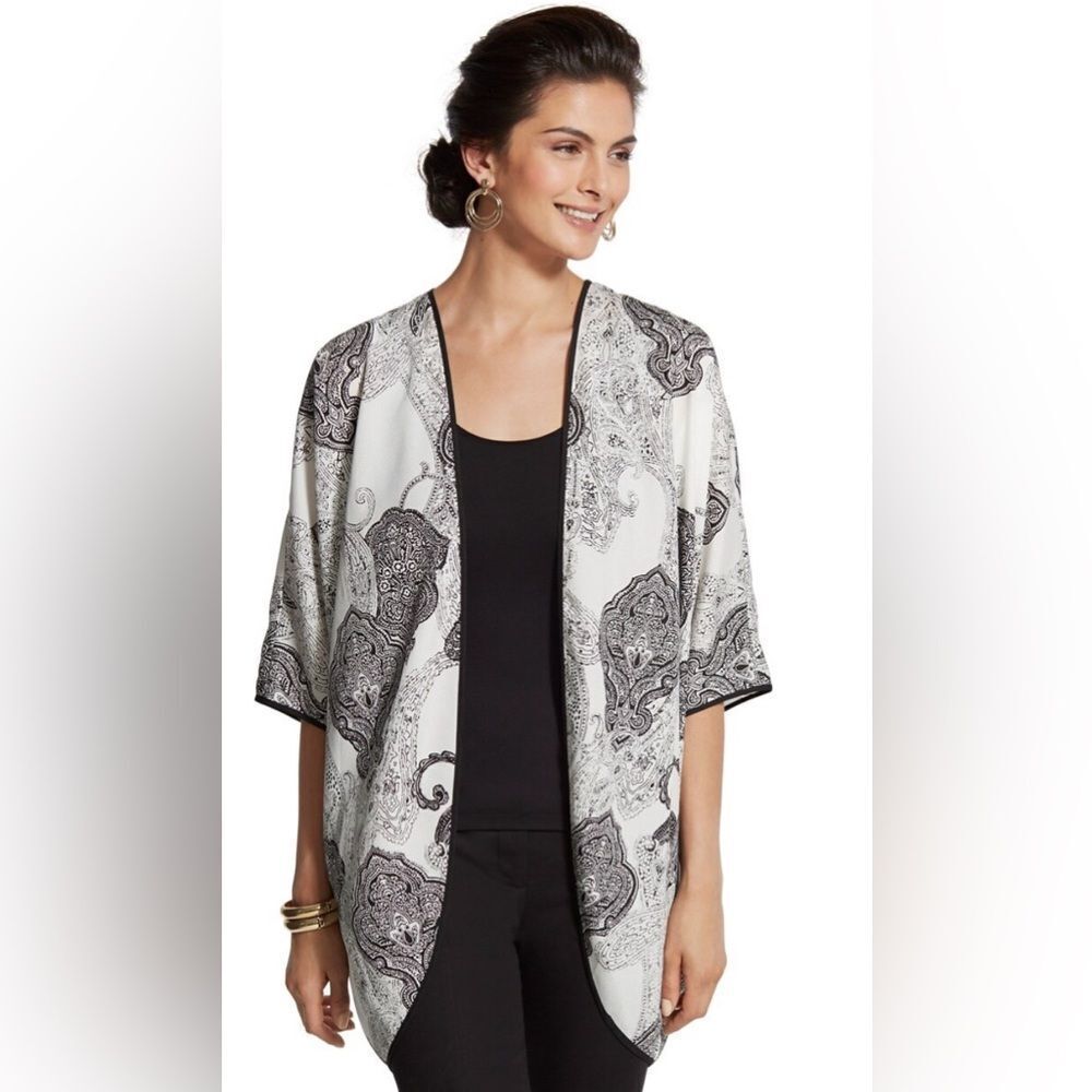 Chico’s Cocoon Jacket Paisley Black & Antique White Jacket Size Small/Med-NWT
